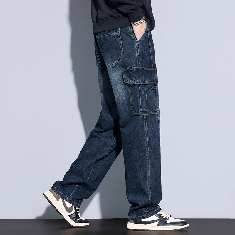 Men's 97% Cotton Straight Cargo Jeans Trendy Multi-pocket Nostalgic Loose Trousers Man American Vintage Fashion Denim Pants