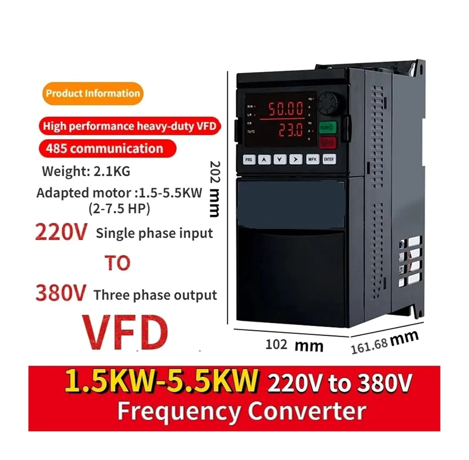 1.5KW 220V To 380V Variable Frequency Inverter 0.75KW 7.5KW Range Single Phase Three Motor Speed Adjust Device