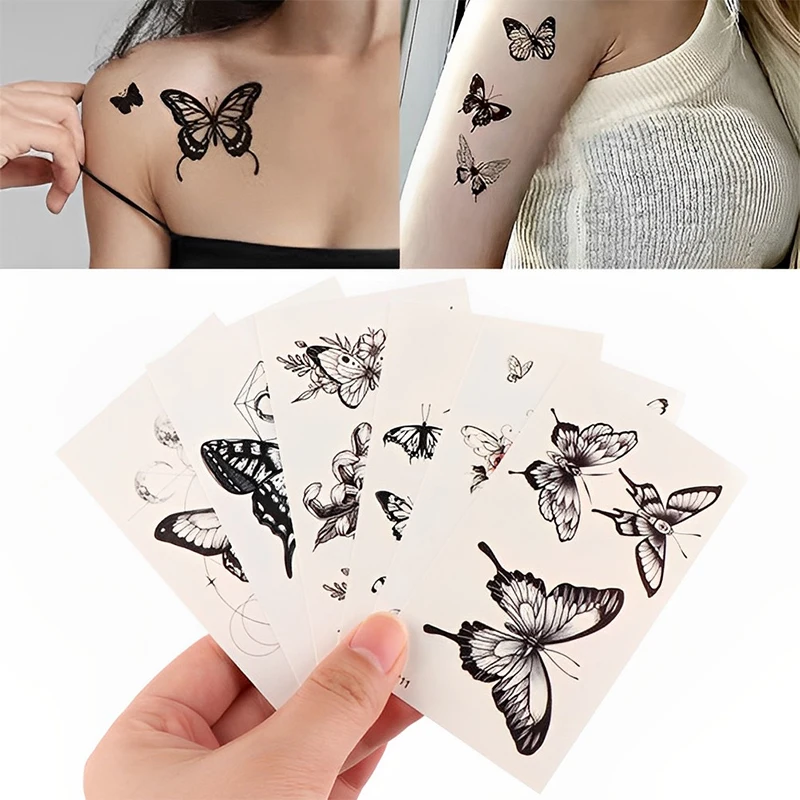 New【Waterproof Temporary Tattoo Stickers Butterfly Rose Transfer Flash Tattoo Women Neck Hand Body Art Fake Tattoos Men】