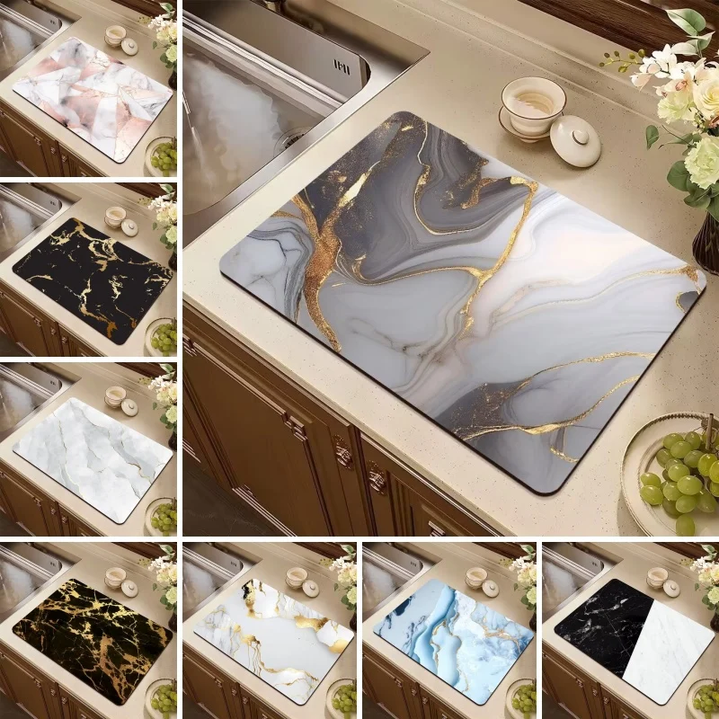 Modern Marble Dish Drying Mat Diatom Mud Rug for Kitchen Bathroom Nonslip Pad Super Absorbent Home Drain Pads Coffee Table Decor