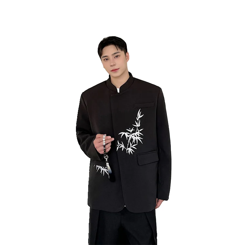 

New Chinese Sle Men's Spring Summer Bamboo Embroidery Suit Jaet Stand Collar Simple Engagement Tang Costume Trendy Casual