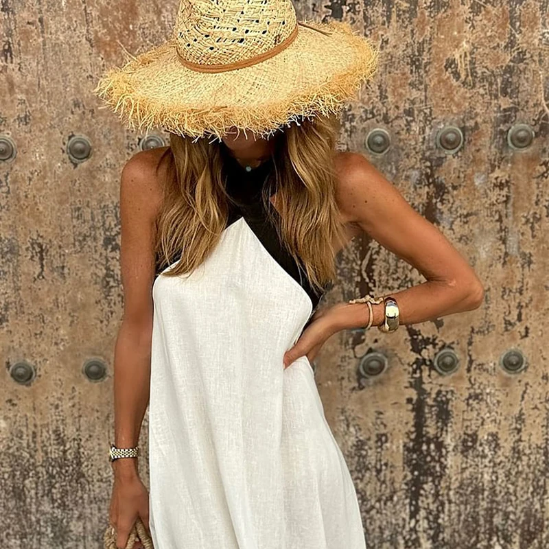女性の夏の新ファッションピュアカラーハンギングネックストラップレスコットンリネンドレスノースリーブシンプルなデザインマキシドレス