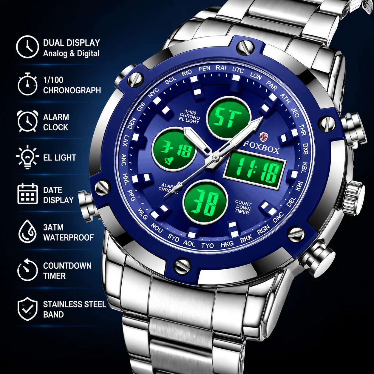 FOXBOX Digital Mens Watches Full Steel Strap Quartz Wristwatch  3 Time Back Light Display Countdown Clock Relogio Masculino