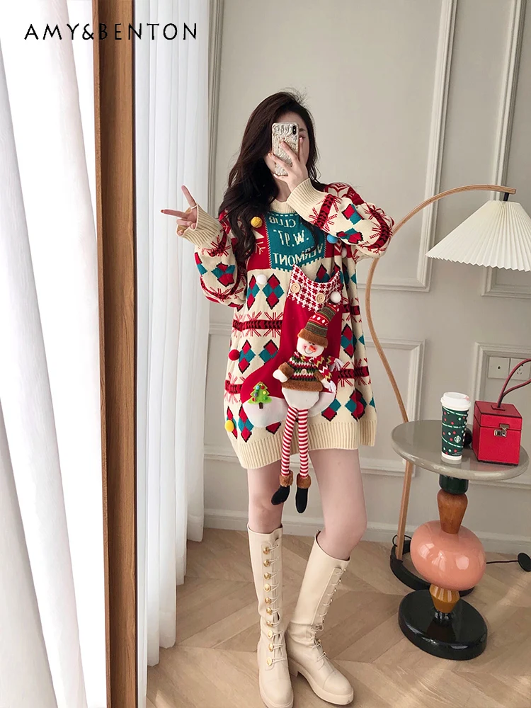 

2025 Autumn Winter New Hot Sale Christmas New Year Red Festive Snowman Round Neck Long Sleeve Mid-Length Sweater