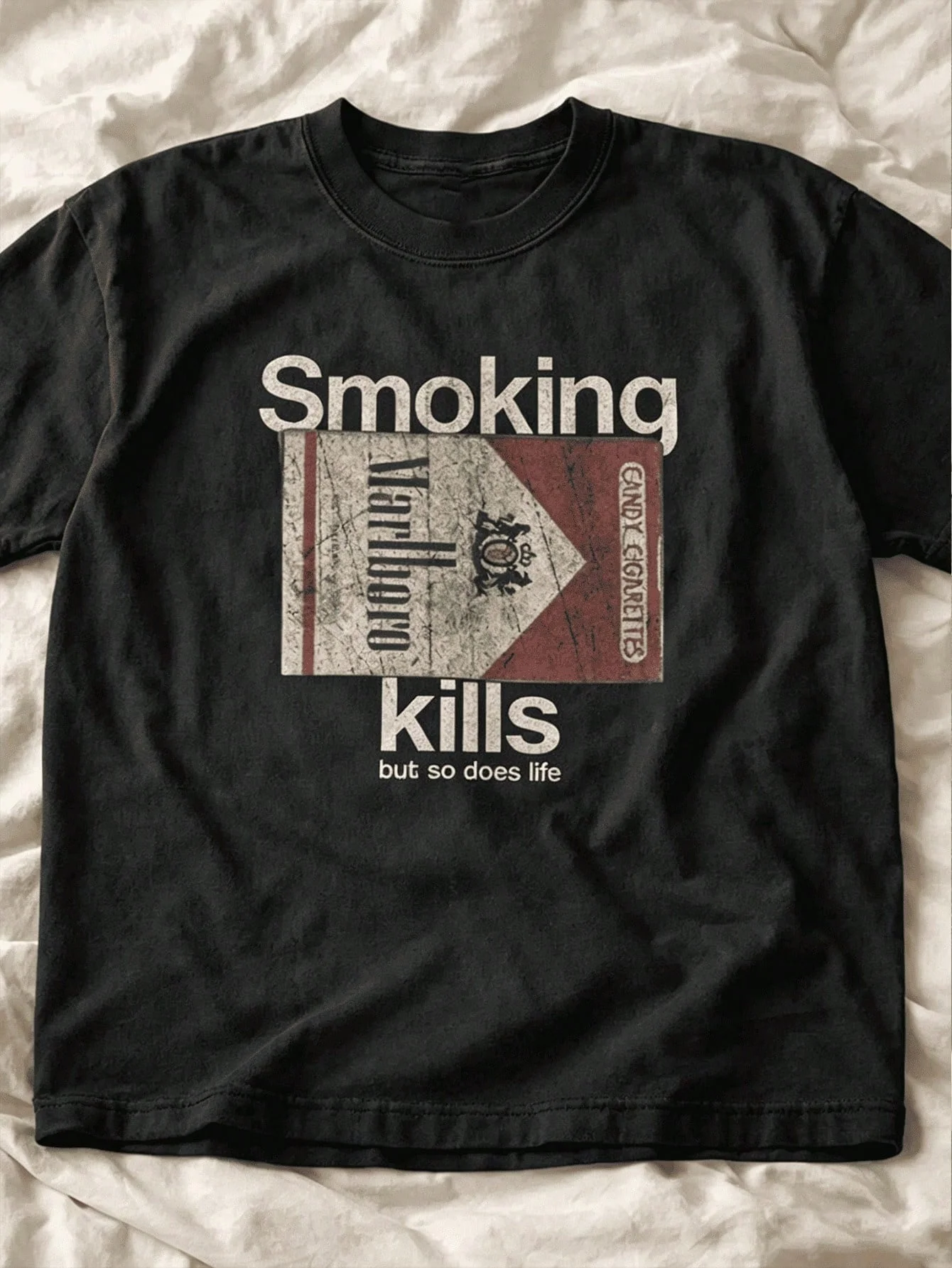 New Printed Casual T-Shirt for WomenY2K Decadent Style Smoking Death Pattern, Vintage Nostalgic Texture, Unisex Vintage Shirt