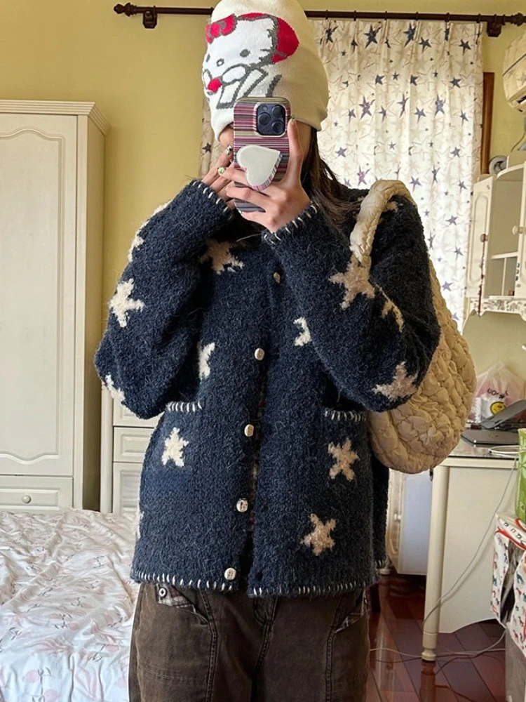 

Deeptown Vintage Star Knitted Cardigan Women Harajuku Y2k Sweater Knitwear Korean Autumn Winter Long Sleeve Cardigans Aesthetics