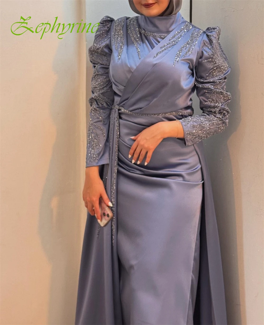 فستان سهرة مخصص بياقة عالية وأكمام طويلة من الساتان على شكل حرف A، فساتين رائعة للمناسبات الخاصة بطول الكاحل للحفلات الراقصة