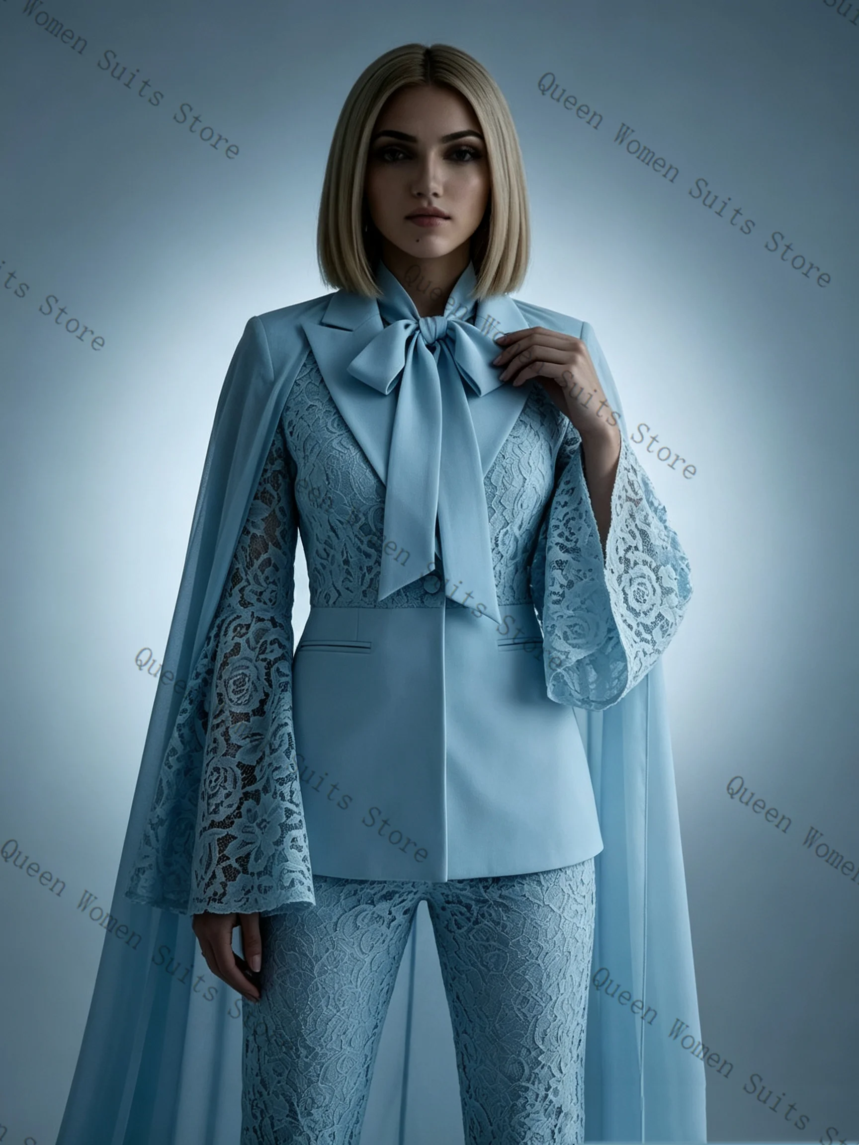 Formal Blue Shawl Wrap Women Suit Set 2Pcs Blazer Pants Trousers Business Office Lady Jacket Wedding Bridal Coat Customized