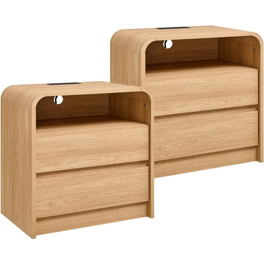 Mesita de noche moderna de 25" de alto, juego de 2, mesita de noche de madera de 23,6 pulgadas de ancho con 2 cajones de almacenamiento, estación de carga, mesa auxiliar de mediados de siglo