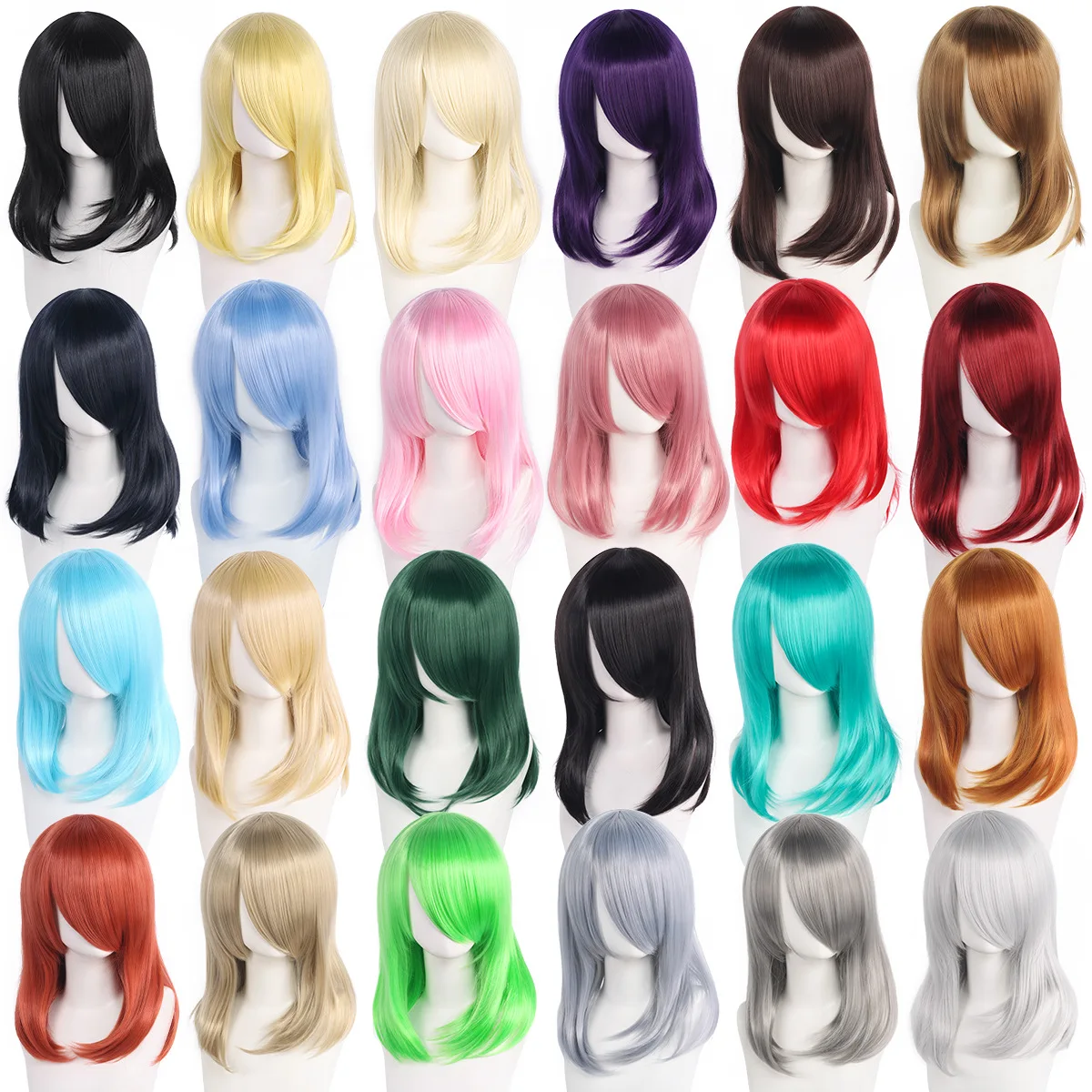 High Quality 40cm Medium Cosplay Wig With Bang Black Blond Pink Red Blue Purple Heat Resistant Synthetic Hair Wigs