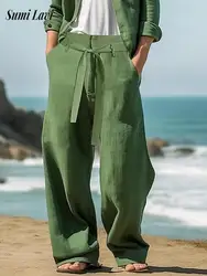 2025 Spring Summer Leisure Breathable Pants Mens Seaside Beach Casual Solid Color Linen Trousers Men Fashion Lace-up Losoe Pants