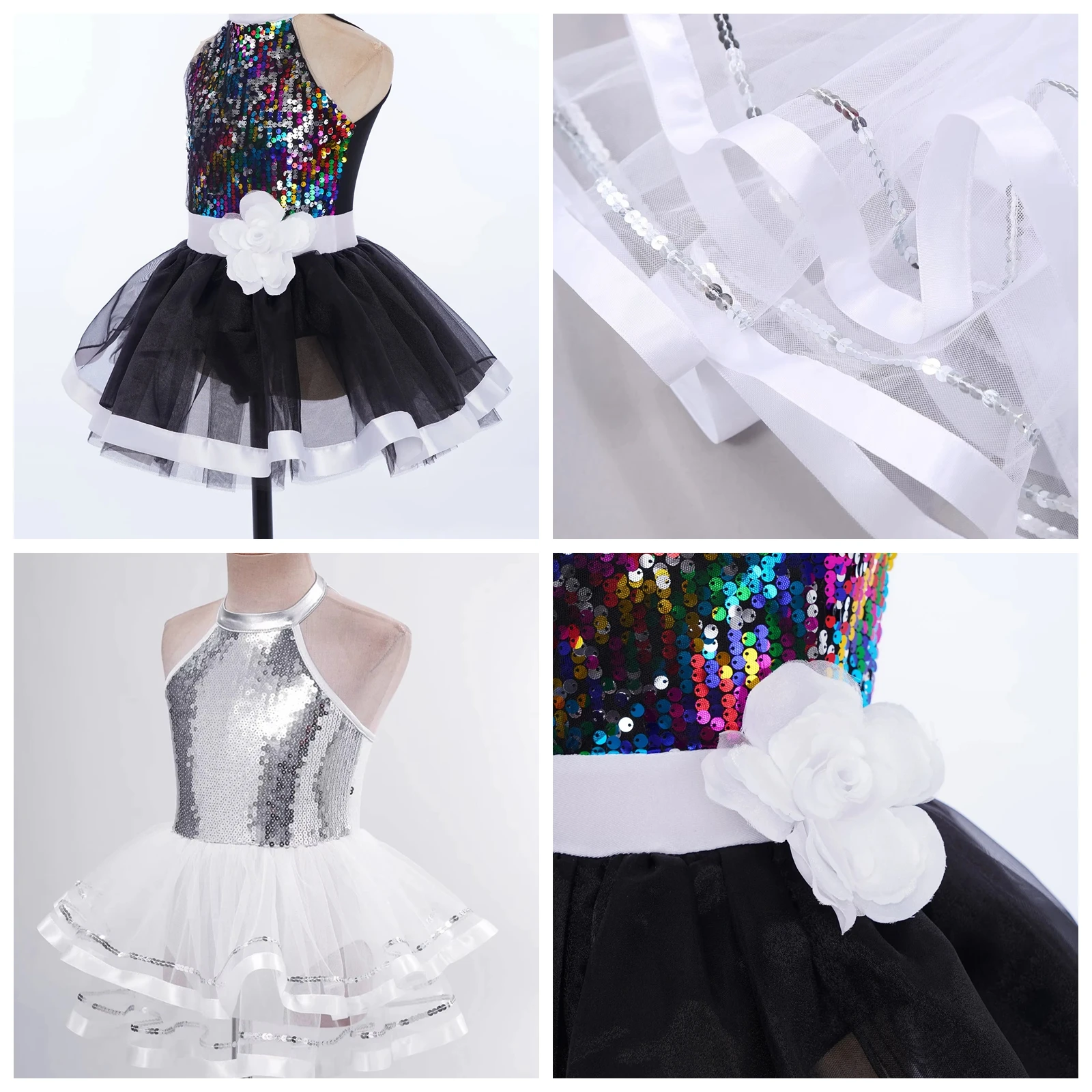 Kids Girls Shiny Sequin Ballet Tutu Dress Latin Jazz Modern Dance Costume Gymnastics Dancewear Party Outfit Ballerina Dancewear