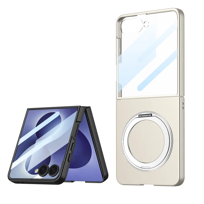 For Samsung Galaxy Z Flip 8 5G Case Ultra-thin Matte Magnetic Rotating Ring Holder Wireless Charging Tempered Film Hard Cover