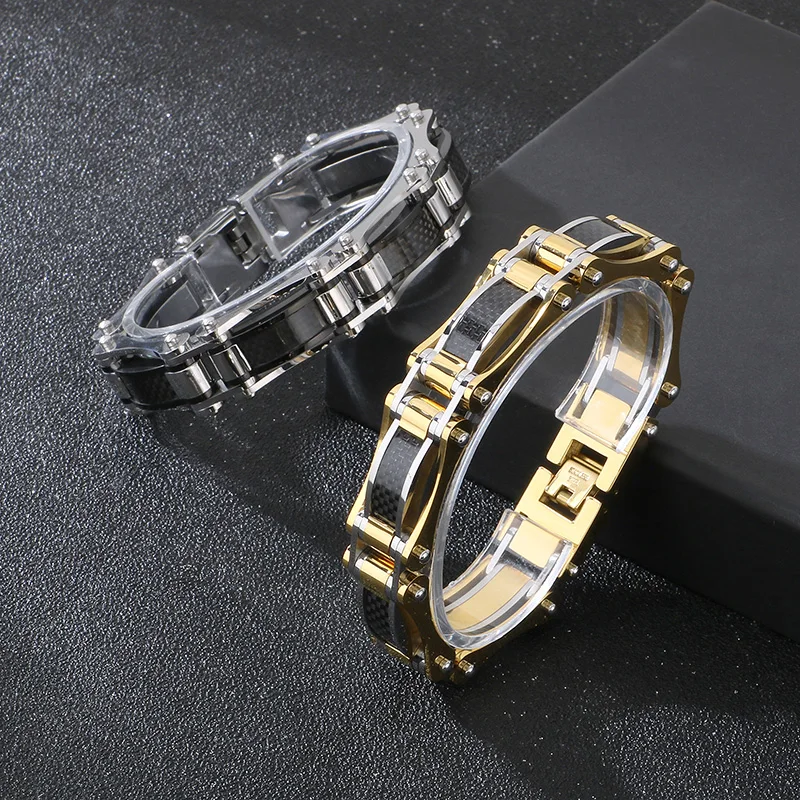 Kalen Hip Hop Hundred Chunky Stainless Steel Biker Bracelet Men's Splicing Hand Accessory 15mm Heavy Clasp Carbon Fiber Jewelry