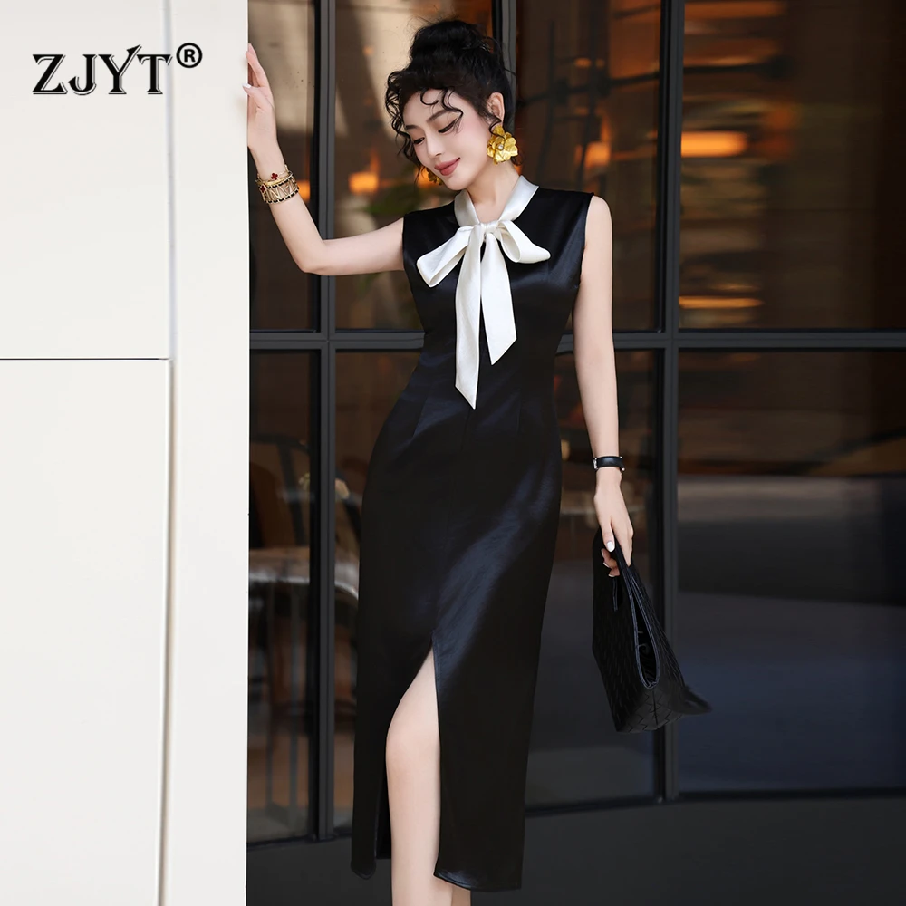 

ZJYT элегантное летнее женское черное платье без рукавов с воротником-бабочкой, короткие дизайнерские тонкие прямые платья миди для вечеринок, Vestidos 2025