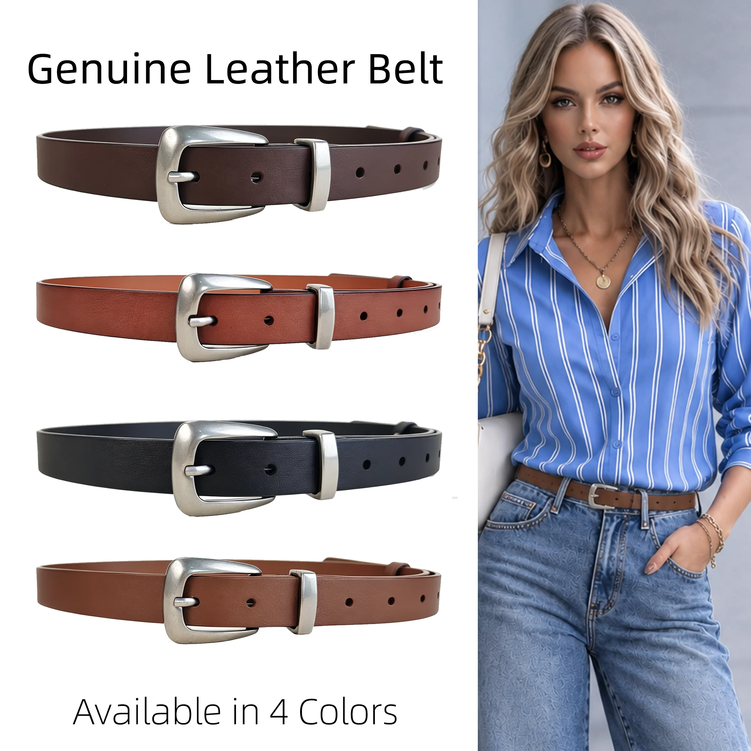 Western Style Grain Leather Strap Women Waist Belt Silver Pointed Pin Buckle Chic Outfit Accessory for Jeans Dresses