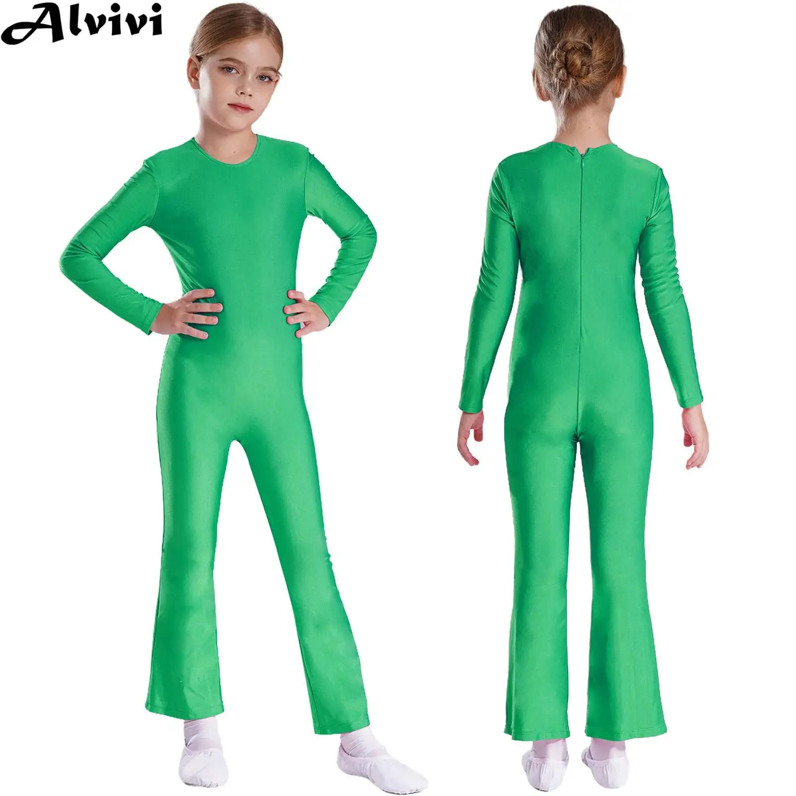 Teen Girls Ballet Dance Gymnastics Yoga Acrobatics Skating Leotard Long Sleeve Bell-bottom Bodysuit Sports Workout Jumpsuit