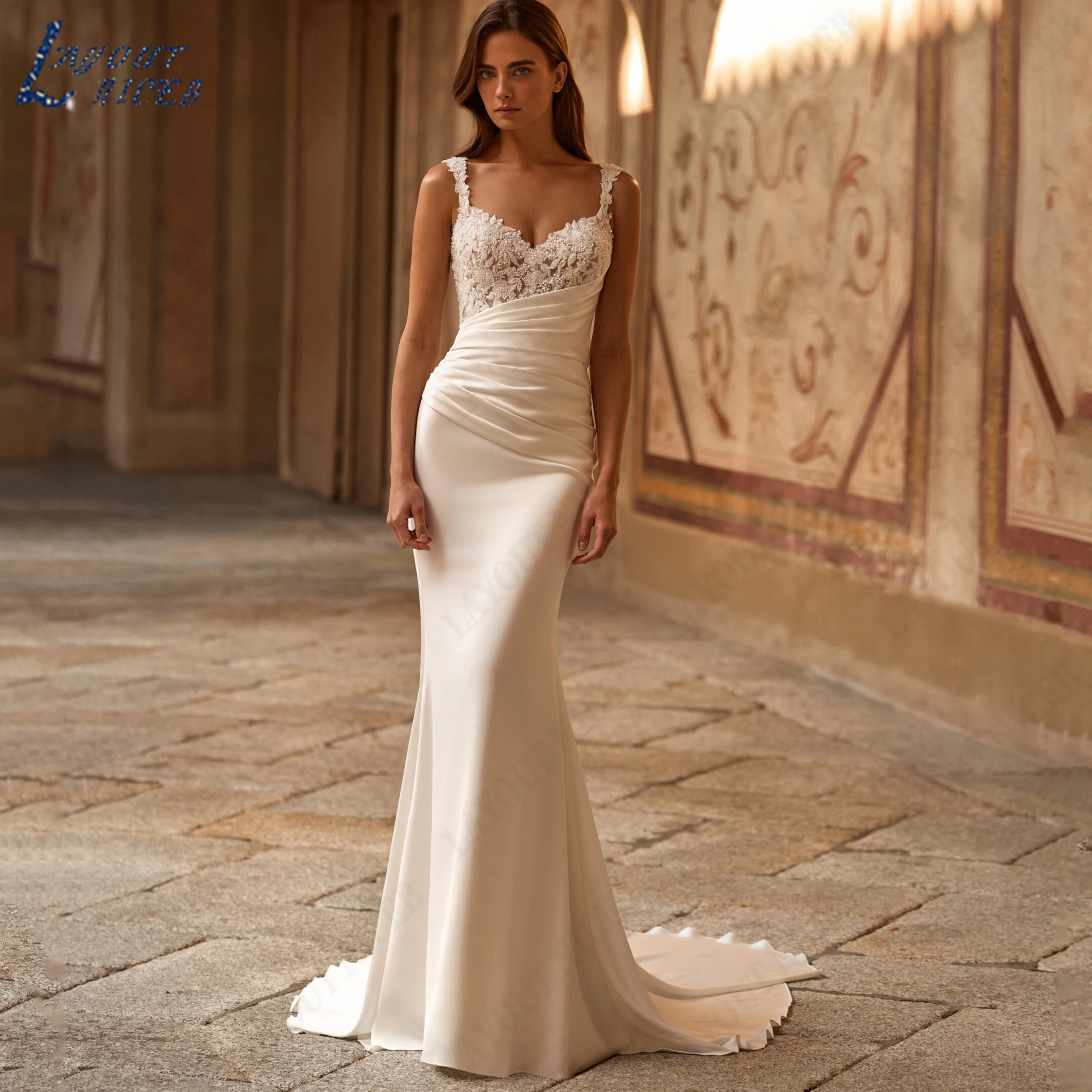 LAYOUT NICEB Customized Mermaid V Neck Bridal Gown Satin Lace Applique Dresses For Bride Spaghetti Straps Wedding Dress Luxury