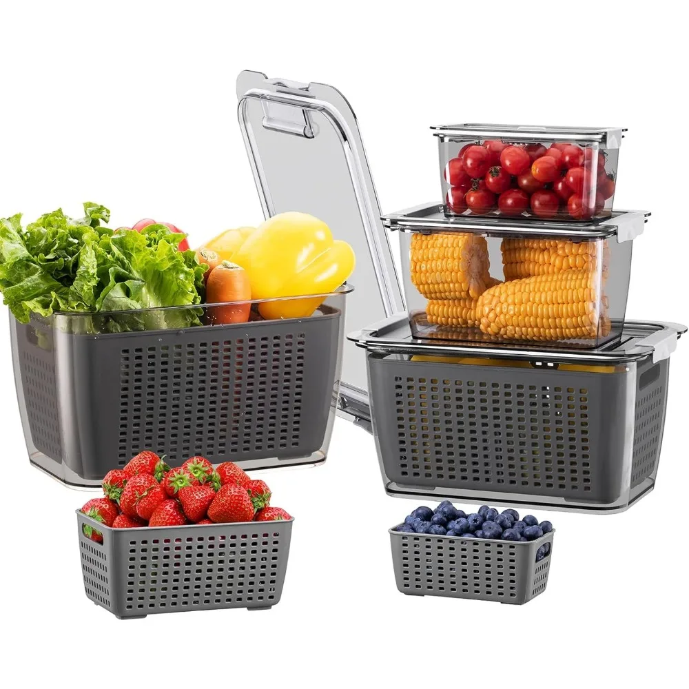 

4 Pack Fruit Containers for Fridge, Vegetable Storage Container with Lids &Removable Colander Produce Saver Organizer