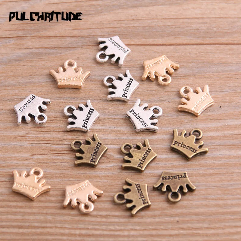 30pcs 11*13mm Metal Alloy Three Color Crown Charms Letter Princess Pendants For Jewelry Making DIY Handmade Craft