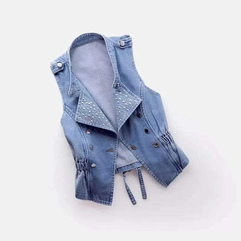 Vintage bleu Rivet col montant femmes Denim gilet mince court Cowboy gilet été coréen sans manches jean veste manteau femme