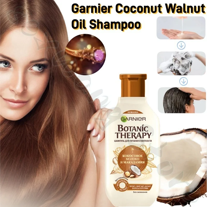 

Garnier Shampoo Coconut Walnut Oil repairs and moisturizes damaged hair, refreshes, fluffs, and soothes hair follicles.