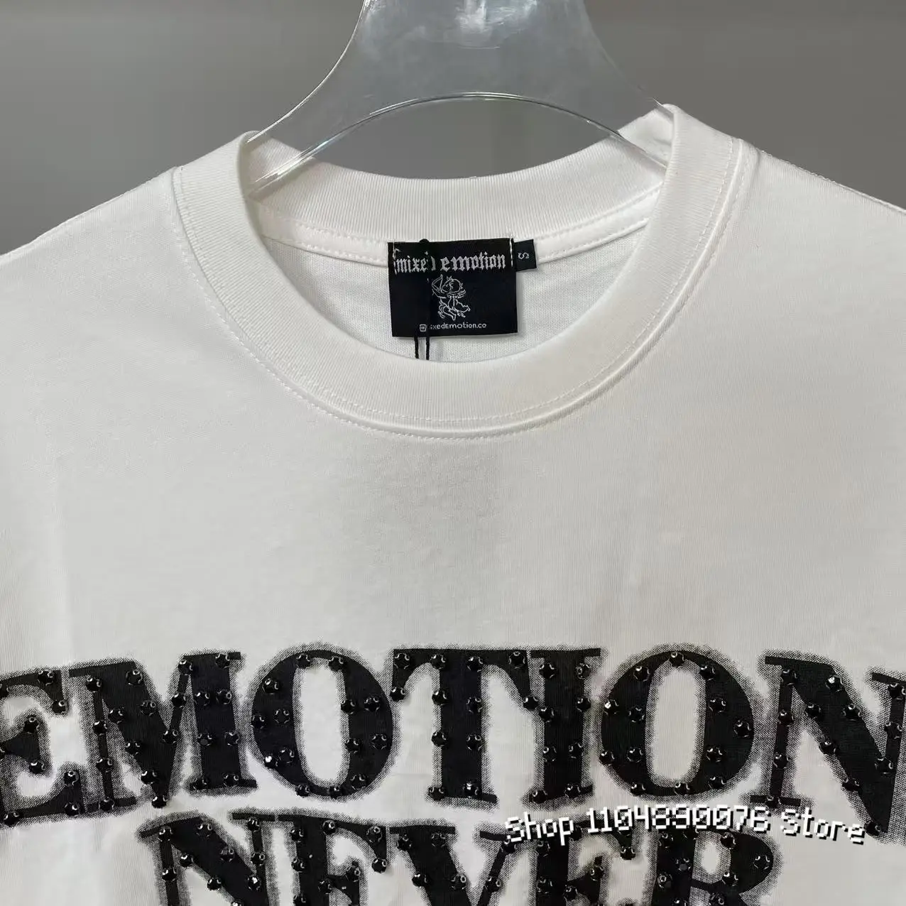MIXED EMOTION 25ss تي شيرت شارع العليا قصيرة الأكمام تي شيرت خمر الجبهة الخلفية الماس لي لا يموت شعار تي شيرت علوي