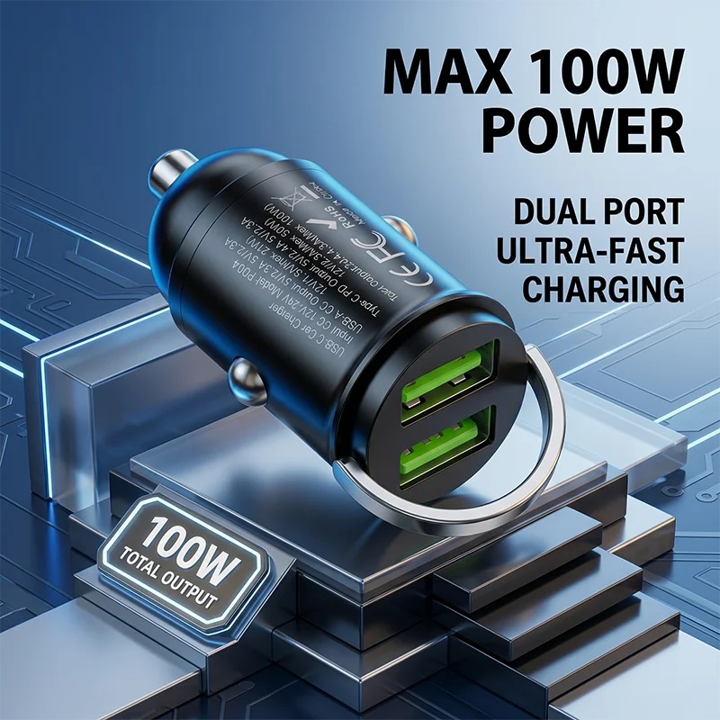 Flush Fit Mini Car Charger 100W Dual Port Fast Charging Auto USB C Adapter with Pull Ring For iPhone 17 16  For Samsung For iPad