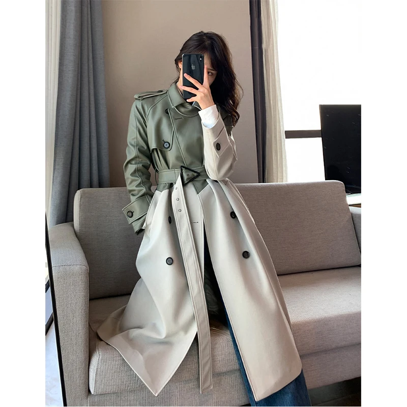 Autumn Windproof Jacket Women\'s High-quality Green Patchwork Windbreaker Clothing Leather Stitching Windproof Long Women\'s Cape