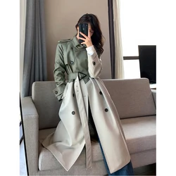 Autumn Windproof Jacket Women's High-quality Green Patchwork Windbreaker Clothing Leather Stitching Windproof Long Women's Cape