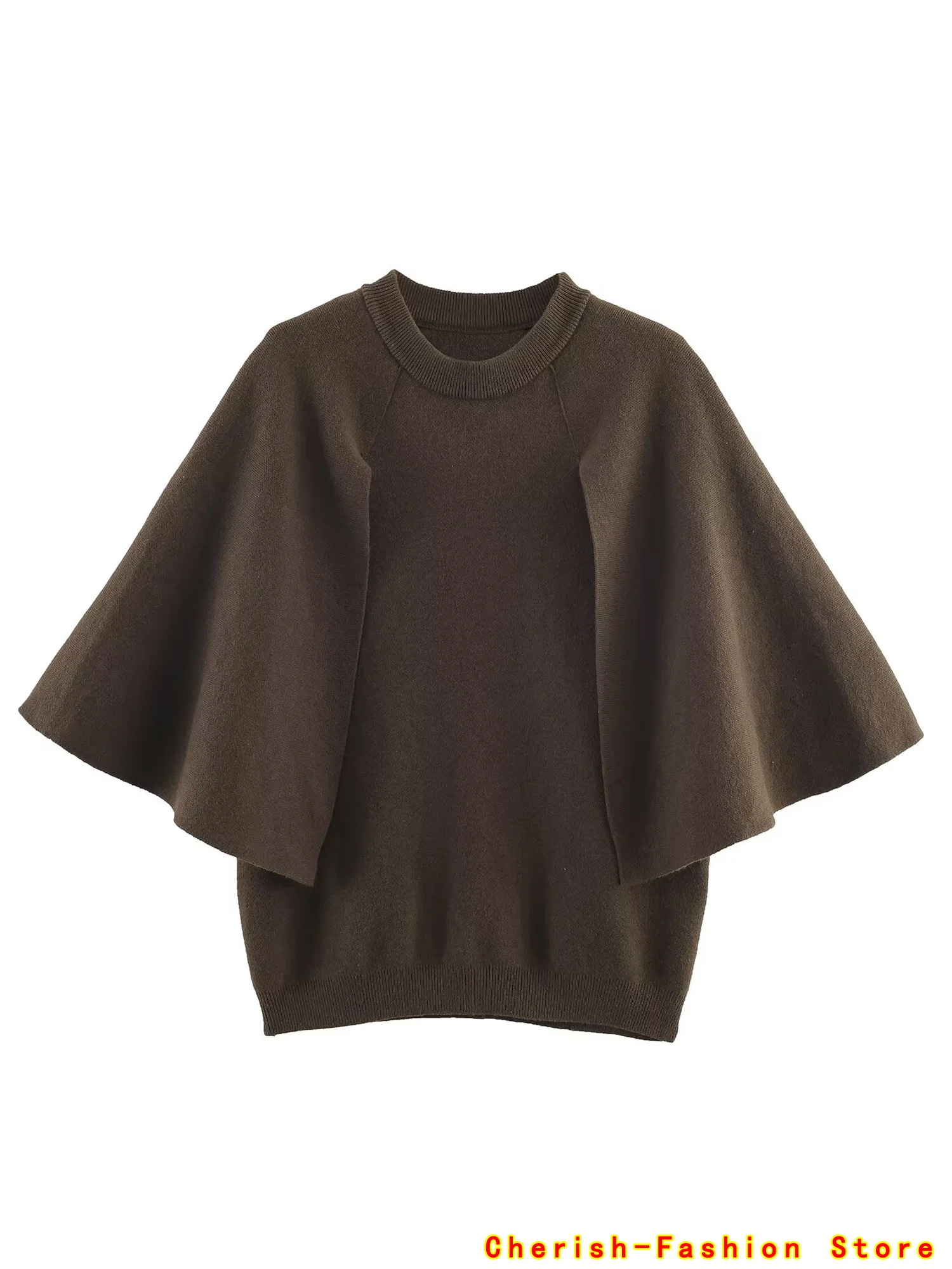 

2025 Brand New Women's Casual Fashion Trendy Round Neck Wide Sleeve Comfortable Knitted Sweater Top Brown Blouse Daily Outlooks