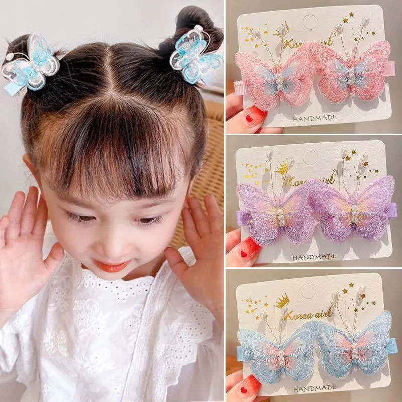 2pcs Mesh Embroidery Fabric Butterfly Hair Clip Sweet Baby Girls Hair Side Clip Countryside Style Kids Super Fairy Accessories