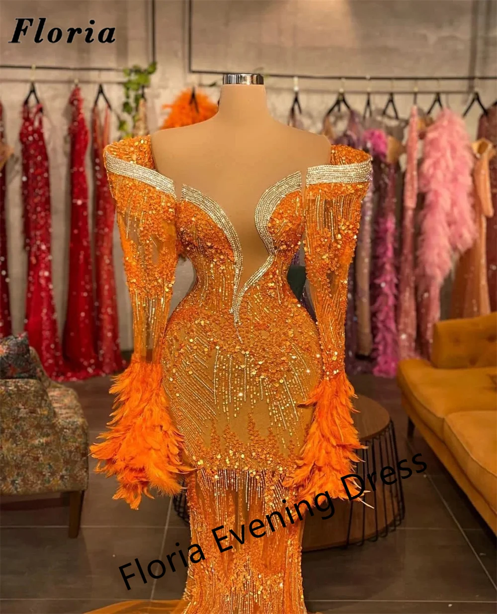 

Unique Design Beading Evening Dresses 2023 Arabic Off Shoulder Long Dress Middle East Dubai Mermaid Feather Wedding Party Gowns