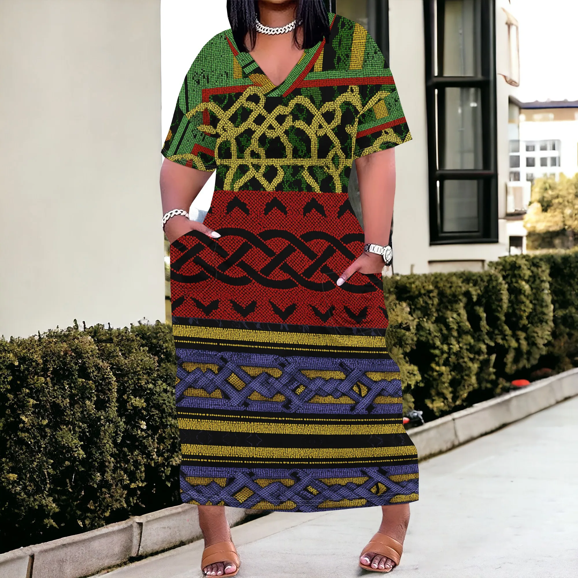 

Plus Size Women's Ethnic Tribal Print Maxi Dress XL-6XL, V-Neck Short Sleeve Pockets Geometric Patchwork Casual Fall Dress