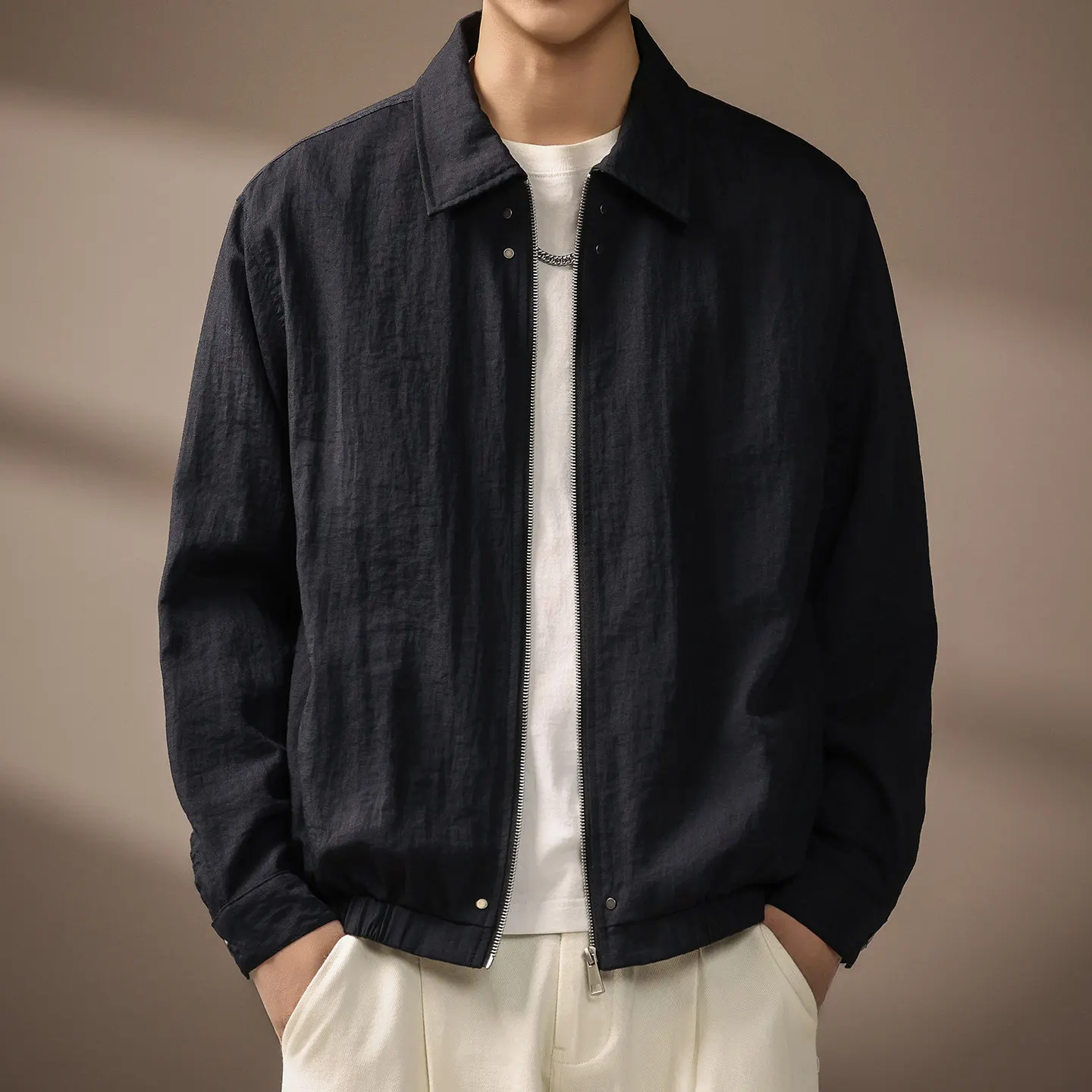 American Style Men Solid Color Navy Red Zipper Turn-down Collar Long Sleeve Linen Coats Male Simple Basic Casual Daily Jackets
