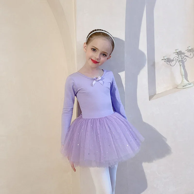 Tulle Tutu Skirt Children Dance Clothes Girls Ballet Dress Training Leotard Stage Costume Bow Back Long Sleeve Cotton Dancewear