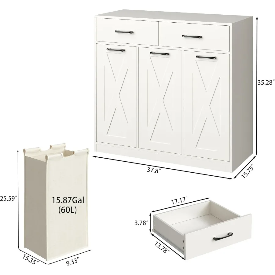 Laundry Hamper Cabinet, Laundry Basket 3 Section with 2 Storage Drawers, Laundry Sorter with Pull-Out Removable Large Bags, 3 x