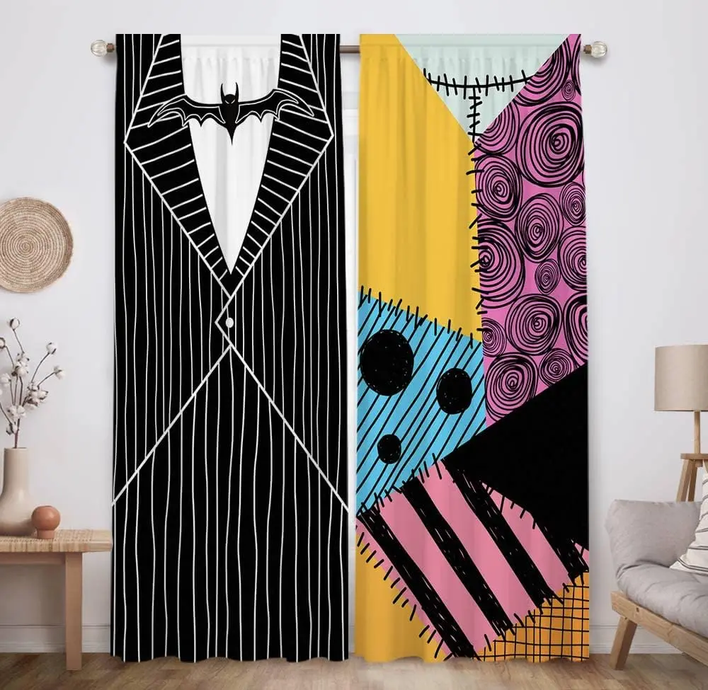 Halloween Movie Patchwork Curtain 2 Panels, Jack Sally Stripe Suit Color Sew Block Allover Print, Curtains for Gothic Curtain