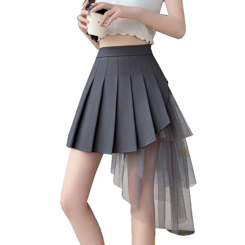 

Fashion Woman Short Pleated Skirt Korean Black High Waist Mini Skirt Casual Kawaii A-line Lace Decor Summer Skirt Women