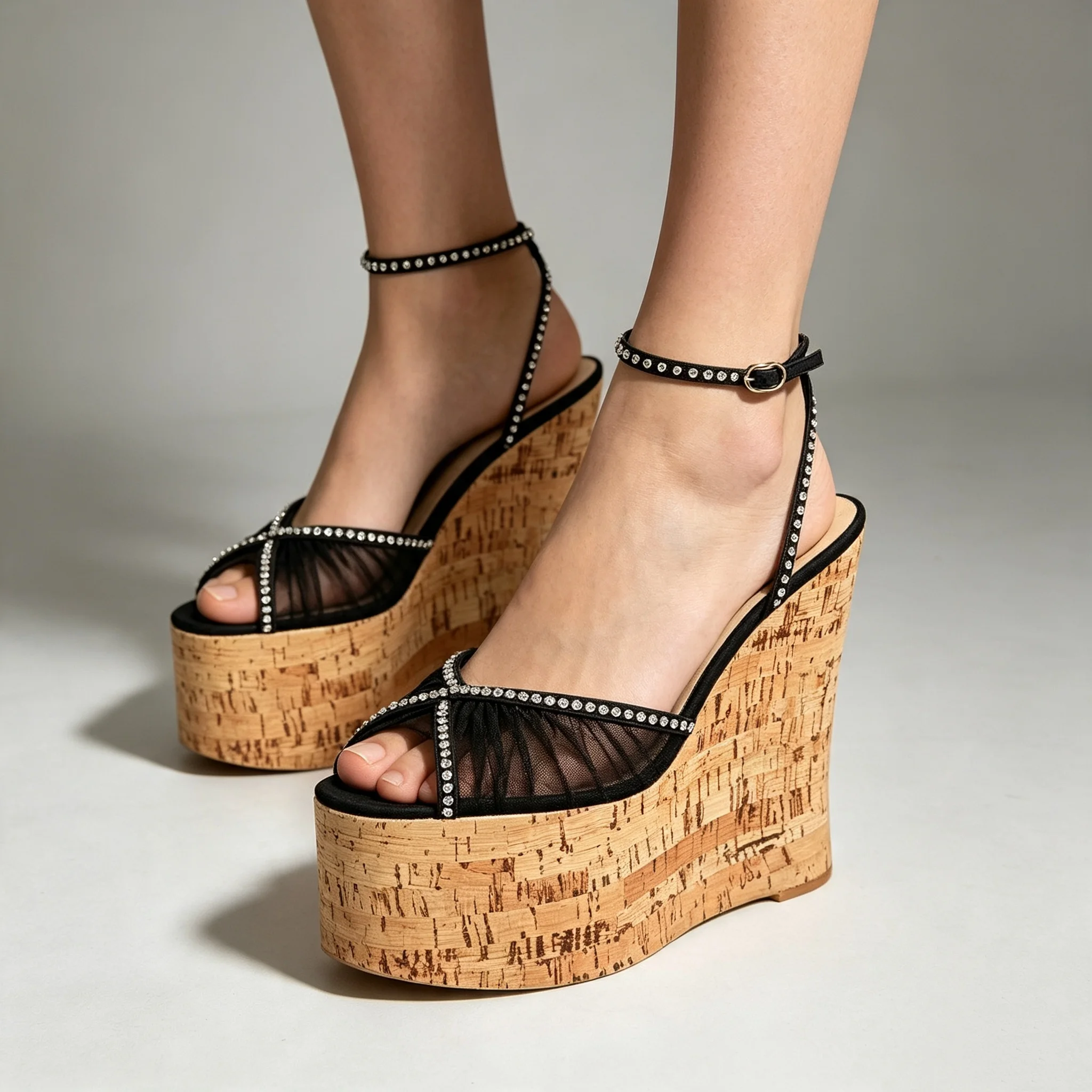 Summer New Fish Mouth Mesh Diamond Cross with Waterproof Platform Sandals Dress Slope Heels Customized Large Size Women's Shoes