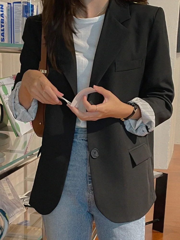 Chic Spring Loose Fit Classic Two Button Pure Color Versatile Casual Lapel Suit Jacket Elegant Commute Style Long Sleeve