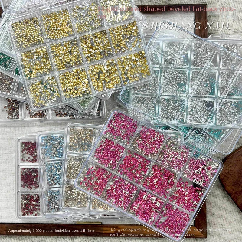 12 Grids Flat Back Zircon Nail Art Rhinestones Mixed Waterdrop Sparkling Charms Champagne Rose Red Silver DIY Manicure Decor
