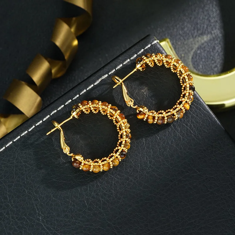 German color tiger eye stone inlaid earrings, niche, high-end, simple and versatile earrings