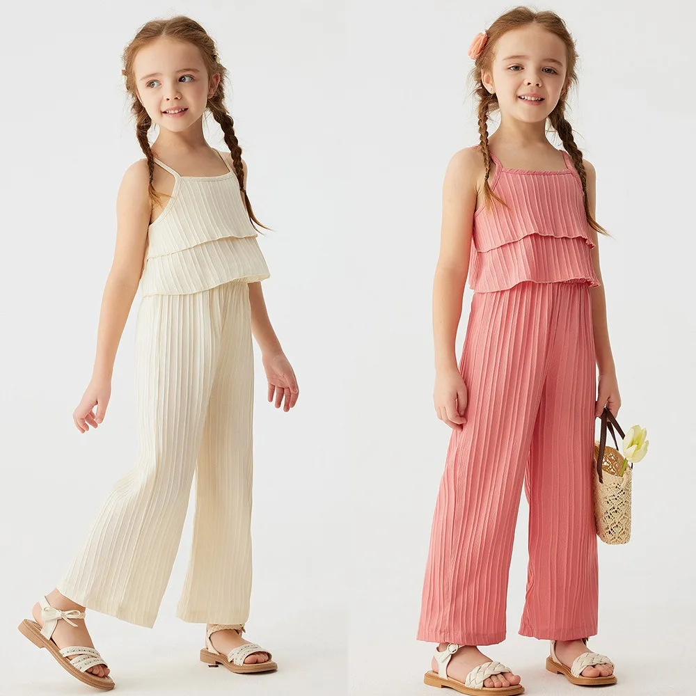 2pcs Toddler Girl Summer New Solid Colour Suit Casual Sleeveless Ruffle Top + Wide Leg Trousers Suit Children\'s Trend Clothing