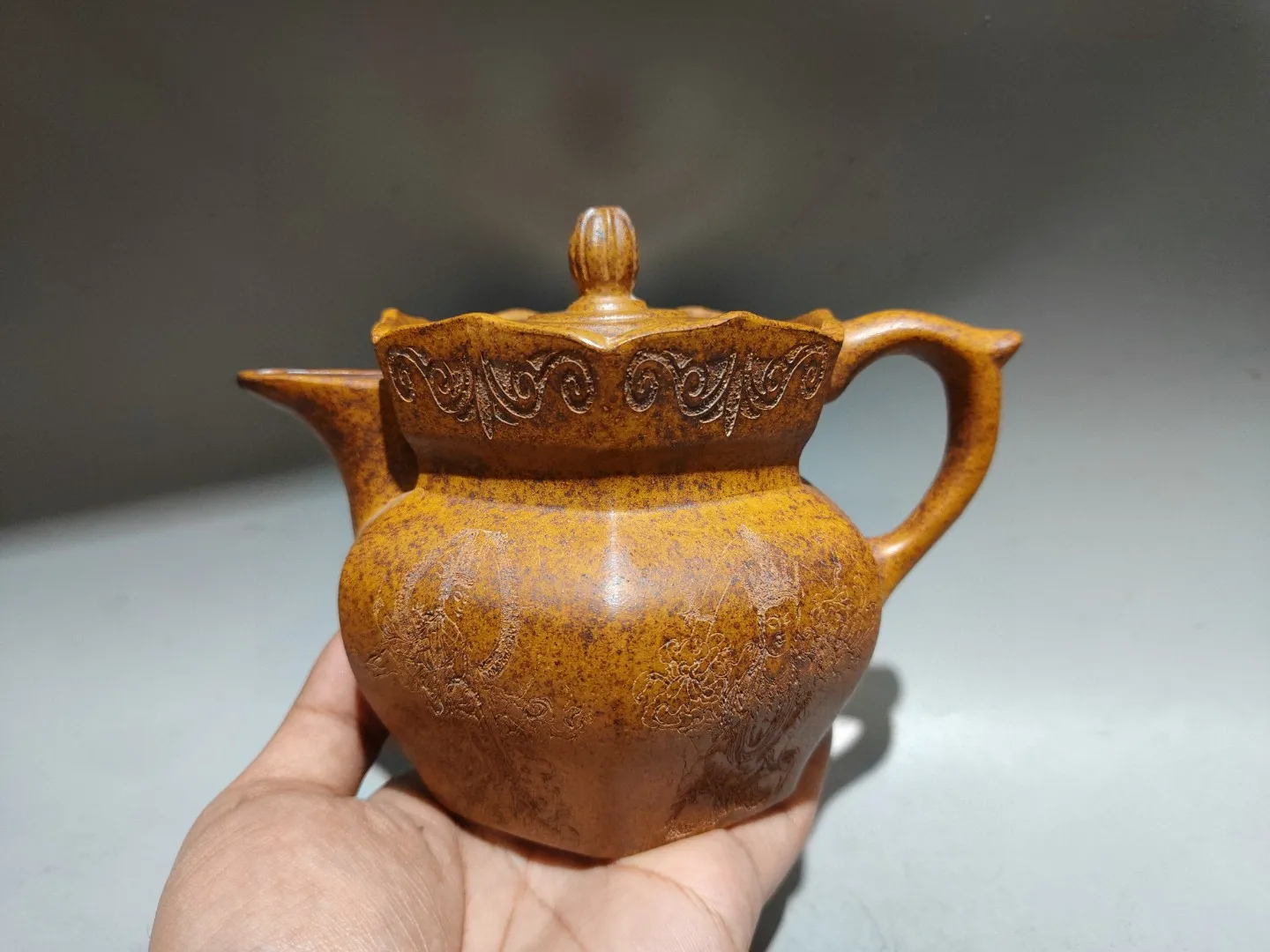 Old Chinese Handcraft Enameled Yixing Zi Sha Clay (Yellow Stoneware) Teapot,Hex…