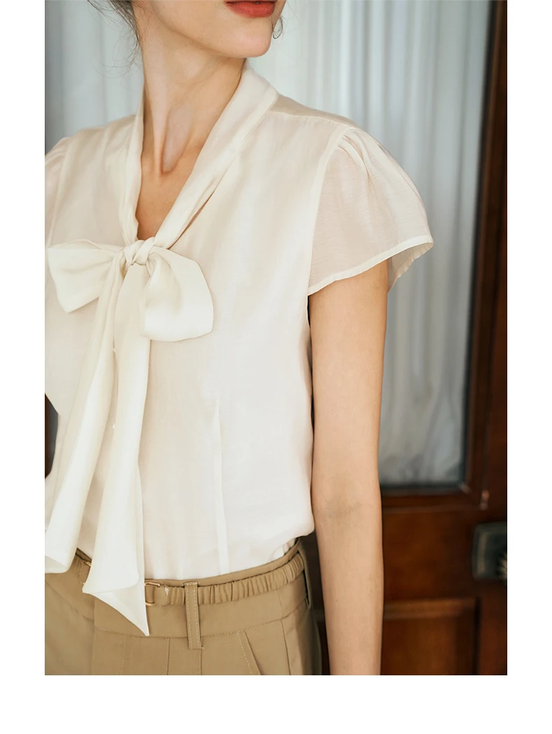 OLrain Romantic Women's Shirts Chiffon  2025 Lyocell Ribbon Puff Sleeve Single Breasted Commuting Elegant Blouse Lady O24XC92365