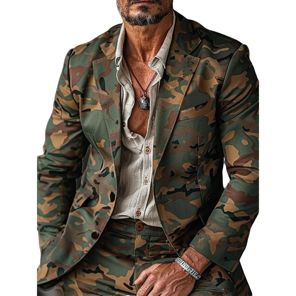 Men's Camouflage Print Jacket Single Breasted Slim Fit Military Style Casual Outwear