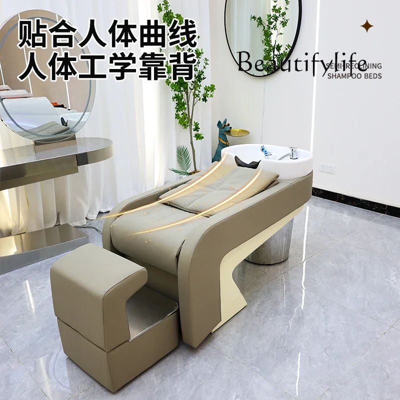 

X High-end Massage Shampoo Bed Hairdresser Stainless Steel Ceramic Basin Semi-reclining Flushing Bed With Water Heater