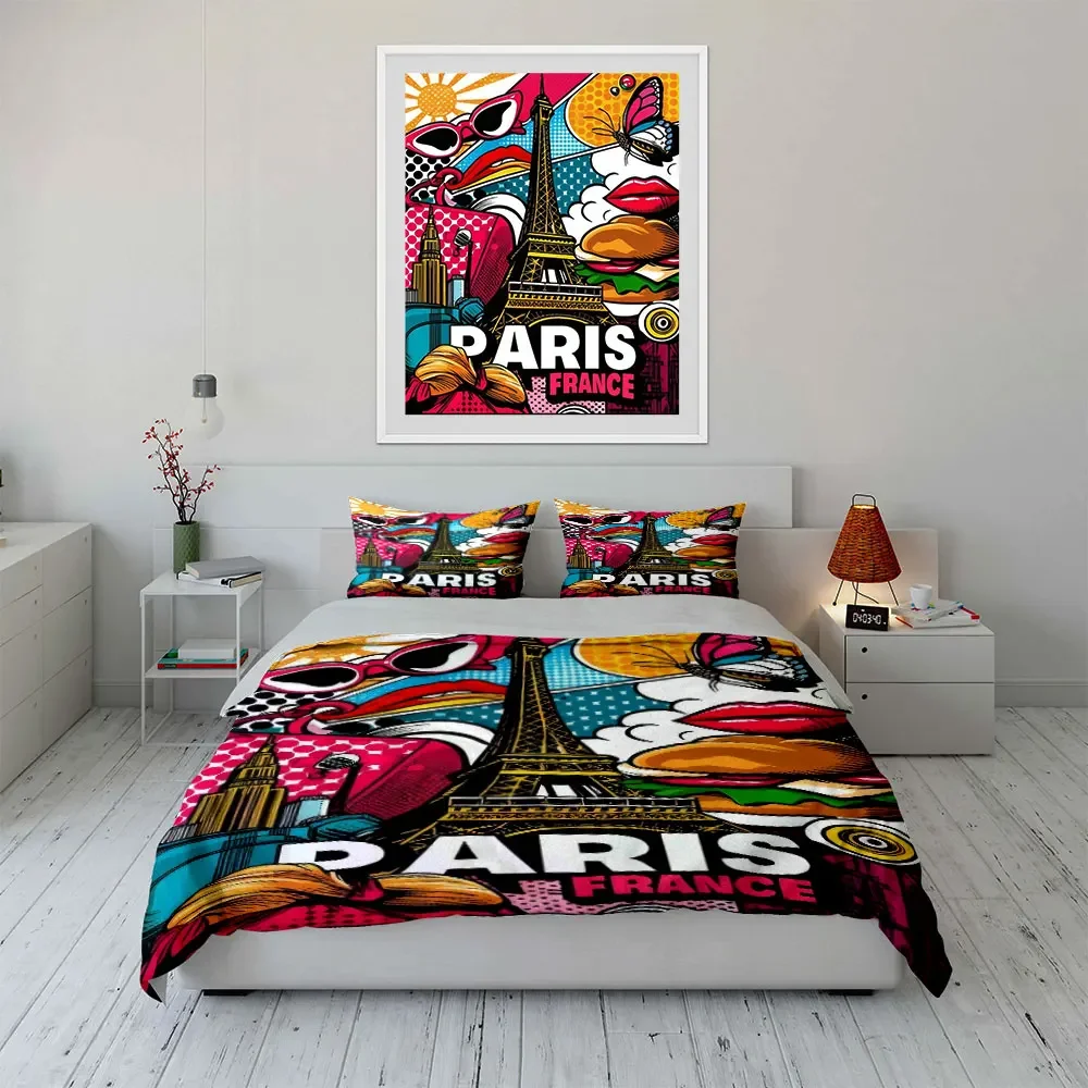 Colorful Paris Pop Art Decor Bedding Set with 1 Duvet Cover 2 Pillowcases Single Double King Queen, Gift