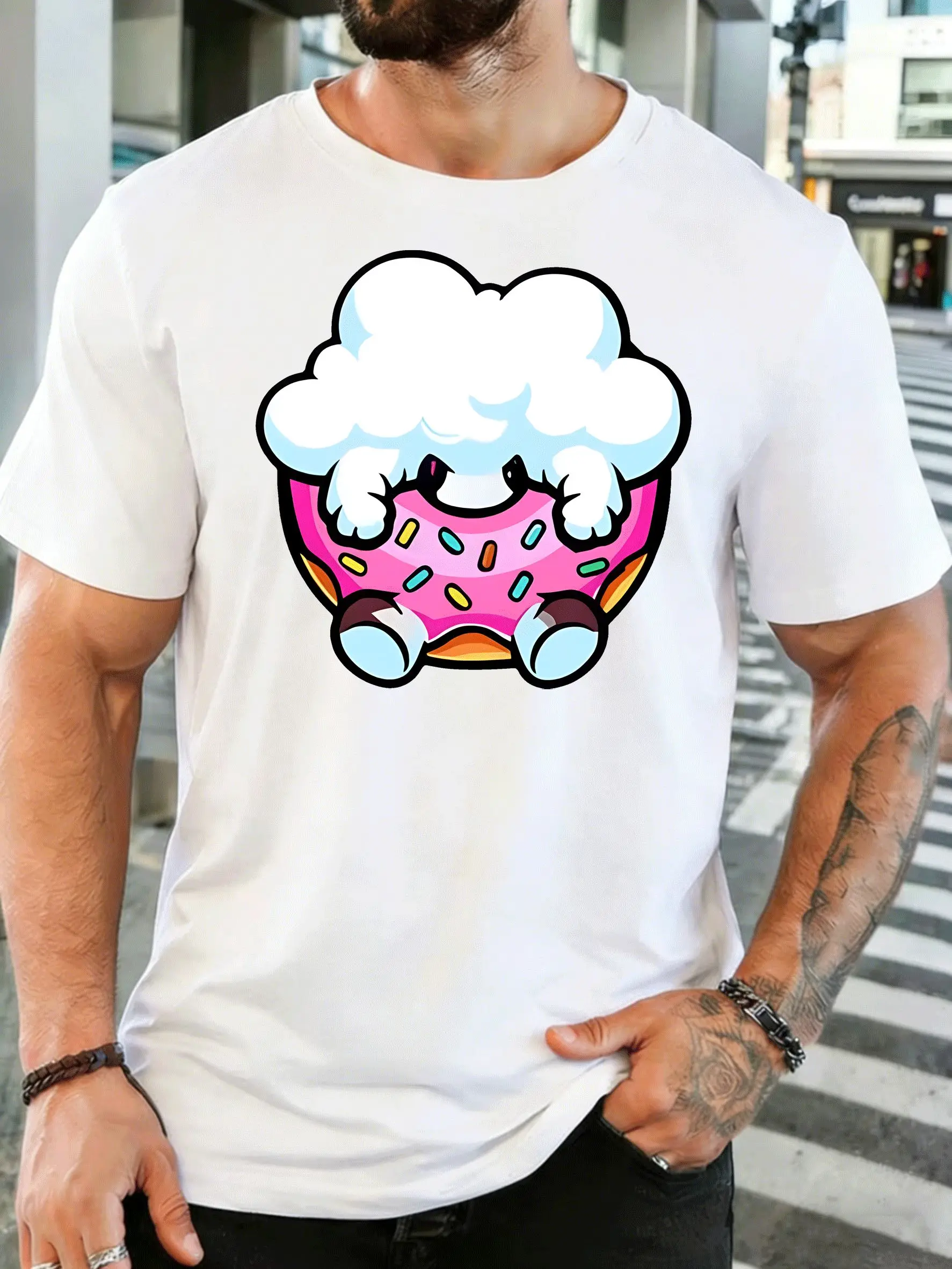 Cute Cartoon Hiding In Pink Donut Mens Front Print T Shirt Sweet Dessert Graphic Tee Casual Short Sleeve Top Food Lover Gift